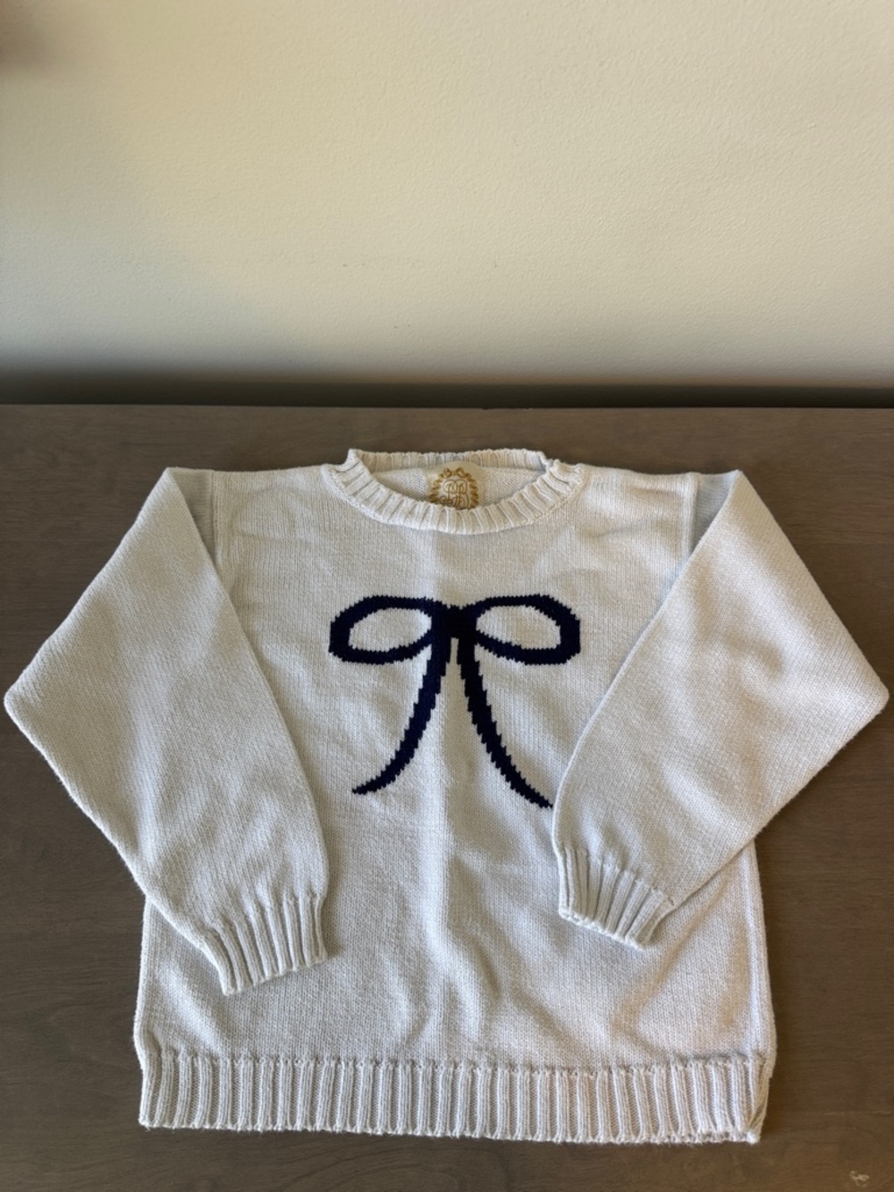 The Beaufort Bonnet Company Cream Sweater with Navy Bow